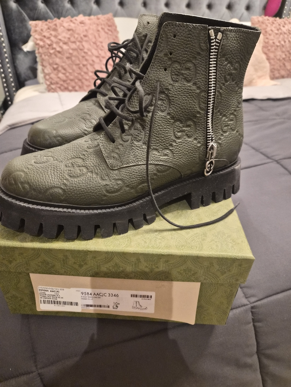 Mens Gucci Dark Olive Green Monogram Lug Sole Combat Boots - Picture 6 of 9